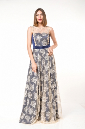 Φόρεμα μπεζ δαντέλα με μπλε εσωτερικό maxi 