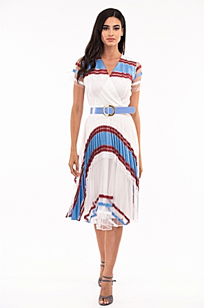Φόρεμα Λευκό με Γαλάζιες-Μπορντό Λεπτομέρειες
