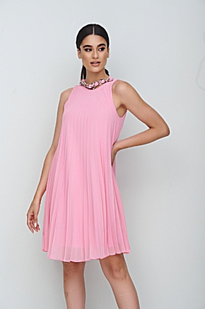 Φόρεμα Lizzy Ροζ Πλισέ με Κόσμημα 
