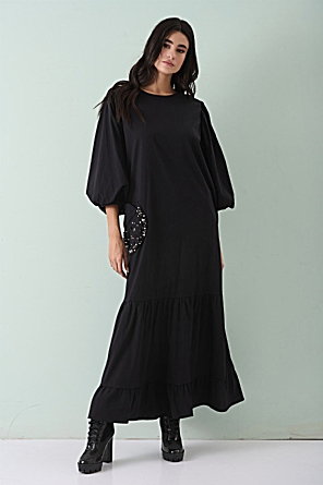 Φόρεμα Athena Μαύρο Midi με Βολάν