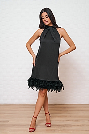 Φόρεμα Eva Mαύρο Με Πούπουλα